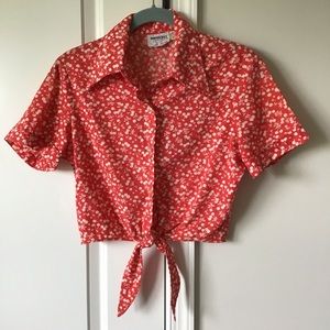 Vintage Cherry Print Crop Top with Front Tie